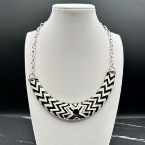 Vintage Cookie Lee Aztec Tribal Enamel Bib Collar Necklace Black White Boho Y2k